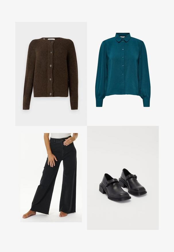 Brun strikket cardigan lavet af blødt materiale, med rund halsudskæring, forreste knapper og lange ærmer. Struktureret finish hele vejen igennem.; Søgrøn bluse med krave, knaplukning foran og lange ærmer. Lavet af tekstureret stof med samlet manchetter.; Højtaljede sorte brede jeans lavet af denim, med knap- og lynlåslukning, rå kant-detaljer og sidelommer.; Sorte lædersko med rund tå, flad sål og en rem med spænde detaljer. Chunky blokhæl for øget stabilitet.