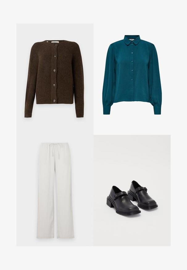 Brown knitted cardigan made of soft material, featuring a round neckline, front buttons, and long sleeves. Textured finish throughout.; Teal blouse with a collared neckline, button front, and long sleeves. Made from textured fabric with gathered cuffs.; Light grey wide-leg pants made of soft fabric, featuring an elastic waistband with a drawstring, and two side pockets.; Black leather shoes with a rounded toe, flat sole, and a strap with a buckle detail. Chunky block heel for added stability.