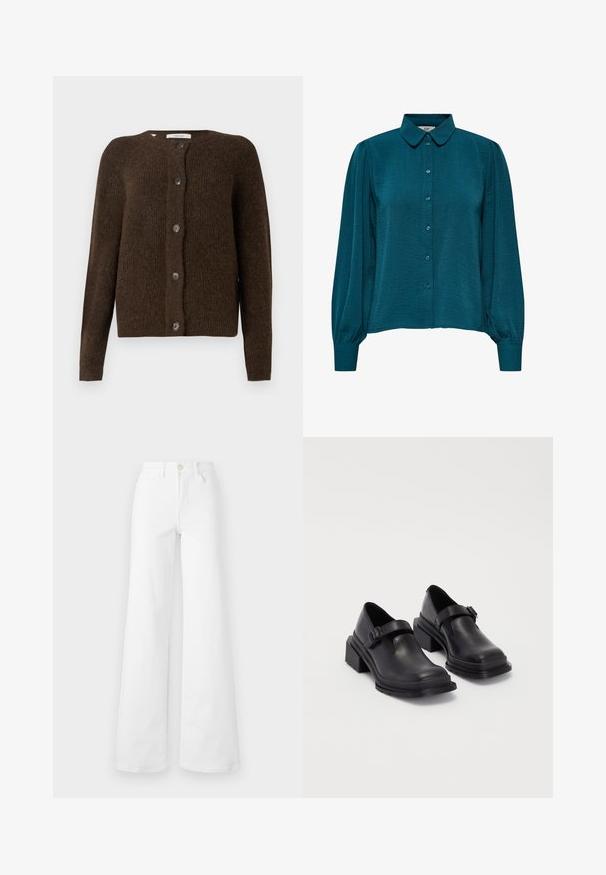 Smeđi pleteni kardigan od mekanog materijala, s okruglim izrezom, prednjim dugmima i dugim rukavima. Cjelovita teksturirana završna obrada.; Tirkizna bluzica s ovratnikom, dugmadi sprijeda i dugim rukavima. Izrađena od strukturiranog materijala s nabranim manšetama.; Bijele traperice širokog kroja s visokim strukom, s prednjim džepovima, petljama za remen i kopčanjem na gumb. Glatka tekstura, bez uzoraka.; Crne kožne cipele s okruglim vrhom, ravnim đonom i remenom s detaljem kopče. Debeli blok peti za dodatnu stabilnost.