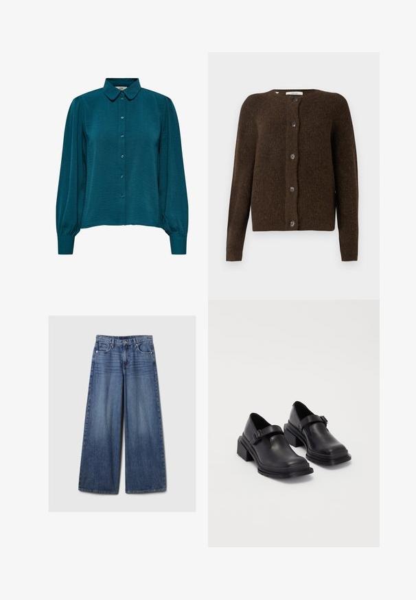 Barna kötött kardigán, puha anyagból készült, kerek nyakkivágással, elülső gombokkal és hosszú ujjakkal. A struktúrált felület jellemzi.; Türkiz blúz, galléros nyakkivágással, gombos elöléttel és hosszú ujjakkal. Texturált anyagból készült, összegyűrt mandzsettákkal.; Széles lábú kék farmernadrág elhalványodott felülettel, gombos és cipzáras záródással, öt zsebbel és övhurkokkal.; Fekete bőr cipők lekerekített orral, lapos talppal és csattal díszített pánttal. Masszív blokk talp a megnövelt stabilitásért.
