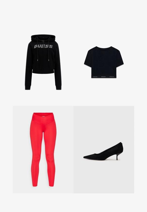 Črn skrajšan hoodie s sprednjim zadrgo, ki vsebuje kapuco, vrvici in logo "GUESS" okrašen z diamanti, ki je nameščen čez prsi.; Črni skrajšani majica iz mehkega materiala s kratkimi rokavi in okroglim izrezom. Ima blagovno znamko na robu z napisom "GUESS JEANS" v beli barvi.; Rde legice iz elastičnega materiala, s visokim pasom in gladko, sijočo teksturo ter oprijetim krojem.; Črne semiš visoke pete z običajem in tankim, nizkim petom. Gladka tekstura s elegantnim dizajnom, brez vidnih kovinskih delov.