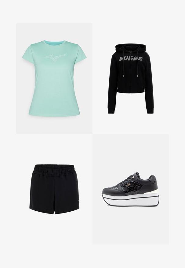 Svart kortärmad hoodie med dragkedja framtill, med huva, dragsnören och en rhinestonesmyckad "GUESS"-logotyp över bröstet.; Mintgrön t-shirt i mjuk bomull. Har rund halsringning och korta ärmar, med en vit logotyp tryckt på bröstet.; Svarta shorts med elastisk midja och en mjuk, slät yta. Enkelt design utan fickor, med en diskret logodetalj på nederkanten.; Svarta platåskor i en glänsande finish, präglat dödskallemönster, silverfärgad hårdvara och vit gummisula.