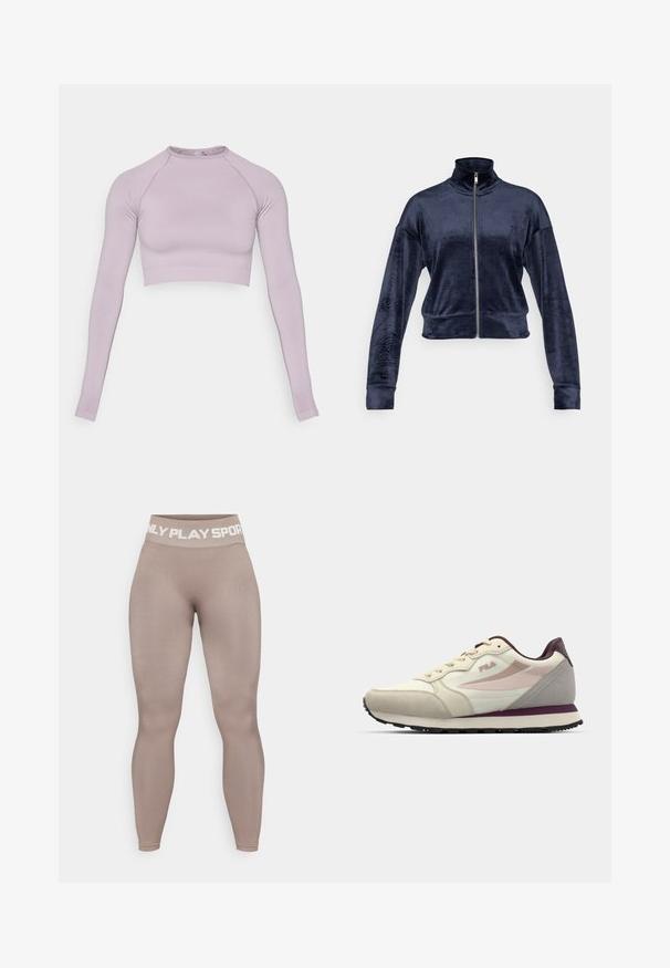 Jachetă cu fermoar de culoare albastru marin, confecționată dintr-un material moale, texturat, cu guler înalt și mâneci lungi, având un design scurt.; Top scurt din material elastan, cu mâneci lungi, de culoare lavandă. Are un decolteu rotund și tiv împărcat. Textură netedă cu un design ajustat.; Colanți bej cu talie înaltă, confecționați dintr-un material elastic cu o textură netedă; prezintă inscripții albe pe talie care spun "ONLY PLAY SPORT."; Adidași crem și gri deschis cu un finisaj texturat, prezentând accente roz și burgund, un design cu șireturi și o talpă din cauciuc negru.