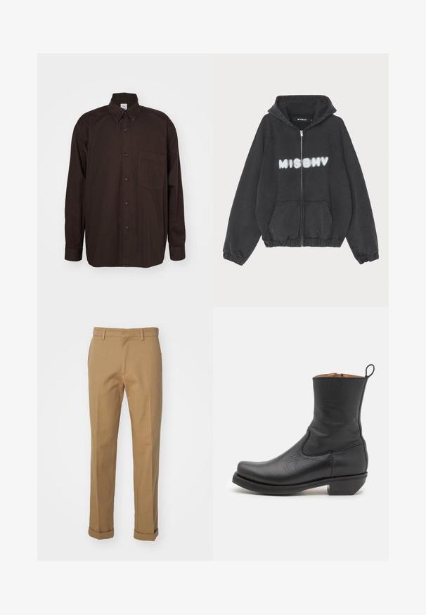 Black hoodie with a zip front, ribbed cuffs, and hem. Features “MISBHV” printed in graffiti-style white lettering across the chest.; Brown long-sleeve shirt made of cotton, featuring a button-down collar, black buttons, and a pocket on the left side.; Brown cotton trousers with a straight cut, featuring a rolled hem, two front pockets, and a smooth texture.; Black leather ankle boot with a smooth texture, slim profile, side stitching, and a low square heel. Features a pull tab at the back.