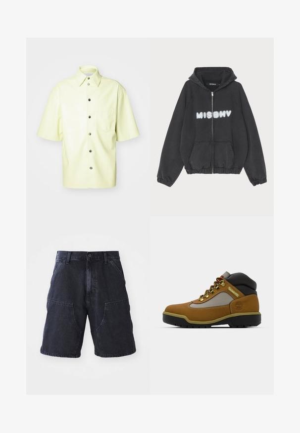 Musta huppari vetoketjulla edessä, ribbaantuva kuppikoko ja helma. Rinnassa on "MISBHV" printattu graffitityylisellä valkoisella tekstillä.; Lyhythihainen paita vaaleankeltaisesta tekonahasta. Sisältää etutaskun, nappisulkemisen ja klassisen kauluksen. Suuri, kiiltävä pinta.; Tummat farkkuhousut, joissa on suora leikkaus, suuret etutaskut ja napitus; sileä pinta ja minimikolot.; Ruskeat vaelluskengät, joissa on harmaita ja mustia yksityiskohtia, teksturoitu nahkapinta, metalliset nauhakuviot ja kestävä kumipohja tarjoamaan pitoa.