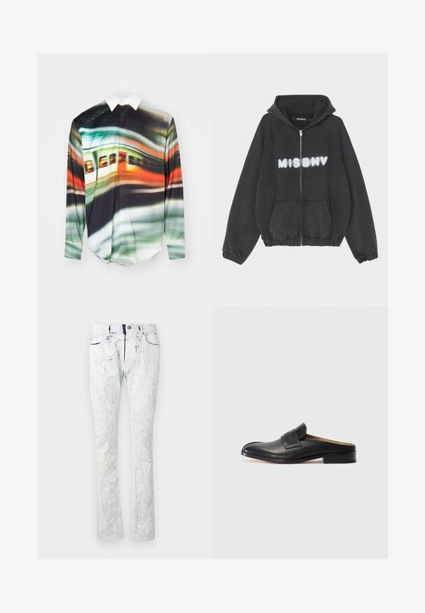Czarna bluza z kapturem na zamek błyskawiczny, z prążkowanymi mankietami i dołem. Na piersi znajduje się napis „MISBHV” w stylu graffiti w białym kolorze.; Koszula z długim rękawem z żywym, abstrakcyjnym wzorem w odcieniach zieleni, pomarańczu i czerni. Zapinana na kołnierz, o gładkiej, lekkiej strukturze.; Jasnoniebieskie dżinsy o pękanej fakturze, pięć kieszeni, zapięcie na guzik i lekko rozszerzane u dołu. Z przetarciami w całej długości.; Czarne skórzane buty wsuwane z okrągłym noskiem, niskim obcasem blokowym i przednim paskiem. Gładka faktura z subtelnym logo na pasku.