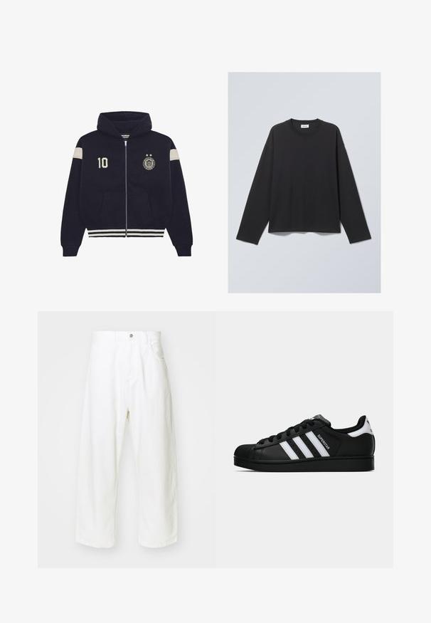 Haut en molleton zippé bleu marine avec une capuche, rayures blanches sur les manches et l'ourlet, écusson "10" sur la poitrine gauche et emblème circulaire avec deux étoiles sur la poitrine droite.; T-shirt noir à manches longues en tissu doux. Il présente un col rond et une coupe décontractée. Détails de couture sur les épaules, design minimaliste.; Jean large blanc en denim, avec une taille haute, cinq poches et une fermeture à bouton. Design simple avec des bords bruts.; Baskets Adidas Superstar noires avec rayures blanches, bout en coque, et texte "Superstar" sur le côté, montrées en profil sur fond blanc.