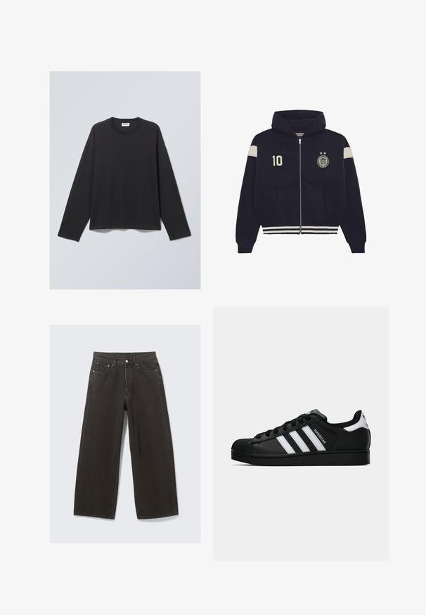 Námořnická modrá mikina na zip s kapucí, bílé pruhy na rukávech a lemu, nášivka "10" na levé hrudi a kulatý emblém se dvěma hvězdami na pravé hrudi.; Černé tričko s dlouhým rukávem vyrobené z měkké tkaniny. Obsahuje kulatý výstřih a uvolněný střih. Švy na ramenou, minimalistický design.; Džíny s širokými nohavicemi černé barvy mají vysoký pas, design s pěti kapsami a zapínání na knoflíky. Tkanina má jemný a strukturovaný povrch.; Černé tenisky Adidas Superstar se bílými pruhy, špičkou ve tvaru skořápky a textem "Superstar" na boku, zobrazené v bočním profilu na bílém pozadí.