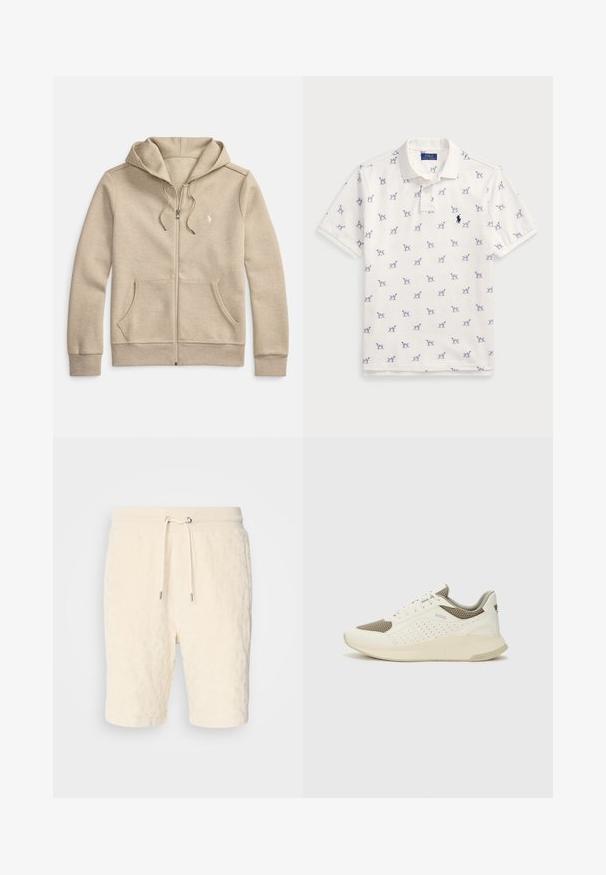 Beżowa bluza z kapturem na suwak wykonana z miękkiego materiału, z regulowanym sznurkiem przy kapturze, przednimi kieszeniami oraz małym logo na lewej piersi.; Biała koszulka polo z bawełny, z powtarzającym się niebieskim wzorem psów i małym niebieskim logo na piersi. Krótkie rękawy i kołnierzyk.; Kremowe szorty z teksturowanej tkaniny, z elastycznym pasem na sznurek i bocznymi kieszeniami, o długości do połowy uda.; Białe i jasnobeżowe sneakersy sportowe, z siateczkową cholewką, perforowanymi detalami oraz teksturowaną podeszwą śródstopia z brandingiem na pięcie.