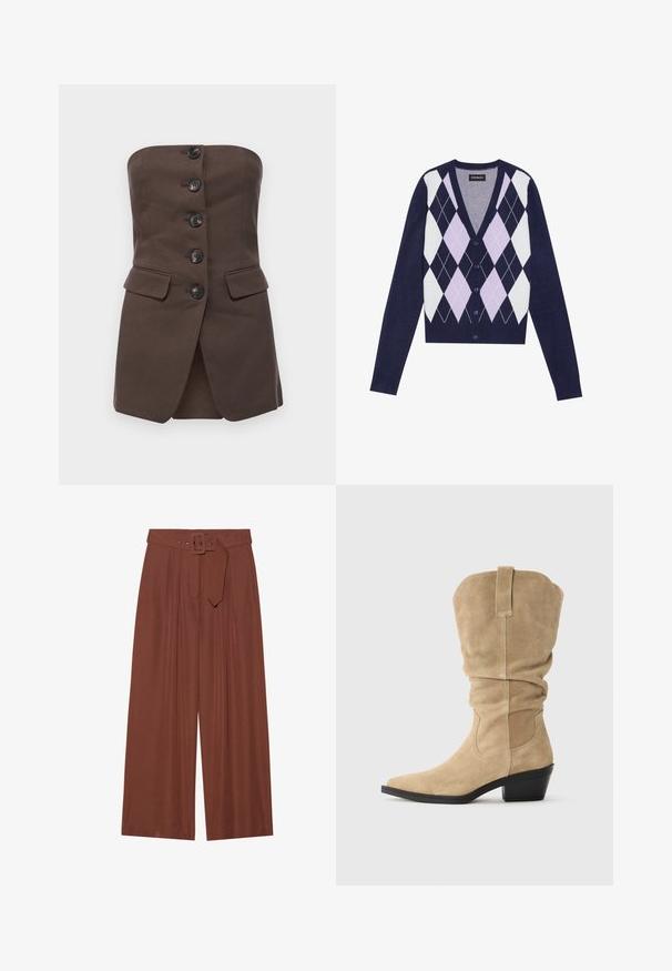 Tumesinine kardigan V-kujulise kraega, millel on valgest ja lillakast koosnev ruudumuster, viis nööpi ja pikad varrukad. Tekstureeritud kudum.; Malina LEX TAILORED BUSTIER - Topp - chocolate; Küljed on laiad pruunidest kangast püksid, millel on ruudukujuline pandla ja pleeditud disain, samuti sile tekstuur.; Beige suede cowboy saapad, millel on laia silueti vars, terav nina ja plokk kont. Sile tekstuur, minimaalse õmblusega ning tagapool tõmbluku detail.