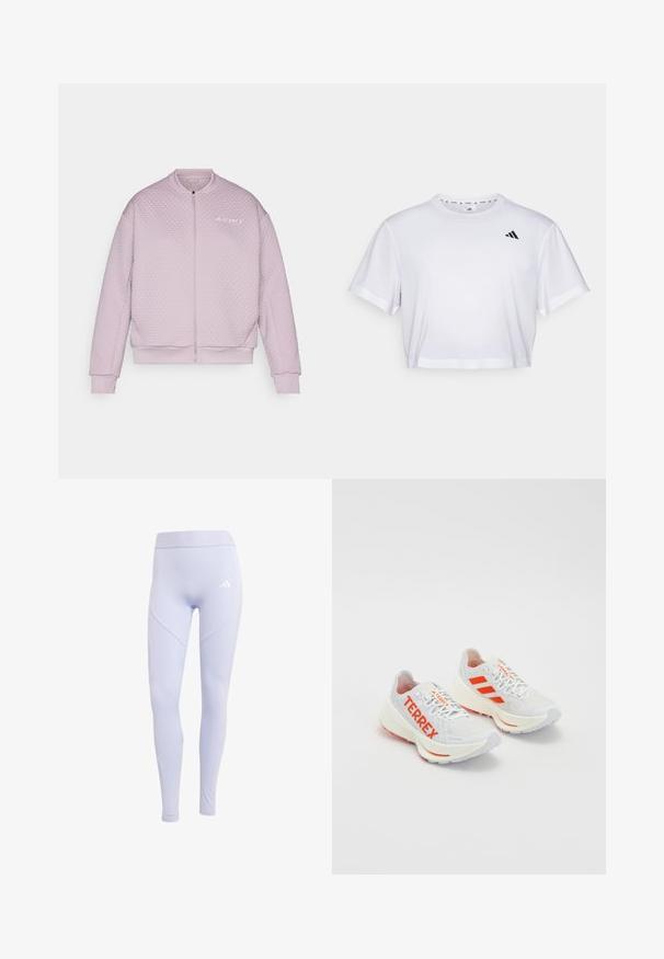 Jachetă bomber căptușită în roz pal, cu un design texturat, capitonat, închidere cu fermoar în față, manșete ribbate și un logo subtil pe pieptul stâng.; Tricou alb scurt dintr-un material moale, cu mâneci scurte și decolteu rotund. Logo negru pe partea stângă a pieptului.; Leggings violete deschise dintr-un material elastic, cu talie înaltă, având un logo subtil și un design fără cusături pe panourile laterale.; Pantofi de alergare albi cu accente portocalii. Material din plasă, vârf rotunjit și talpă intermediară groasă. "TERREX" imprimat pe partea laterală și trei dungi pe călcâi.