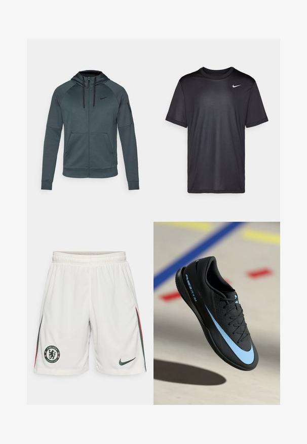 Haut à capuche zippé vert foncé au design ajusté, avec un col haut, deux poches avant et une poche latérale avec zip. Accent de logo noir.; T-shirt de sport noir à manches courtes, col rond, fabriqué en tissu lisse. Il présente un petit logo Nike blanc en haut à gauche.; Shorts de football blancs avec un tissu texturé, une taille élastique, le logo de Chelsea FC et des bandes latérales vertes et rouges. Logo Nike sur l'ourlet.; Chaussure de sport noire avec accents bleus, surface texturée, design à lacets et logo Nike distinctif. Semelle en caoutchouc avec motifs de grip.