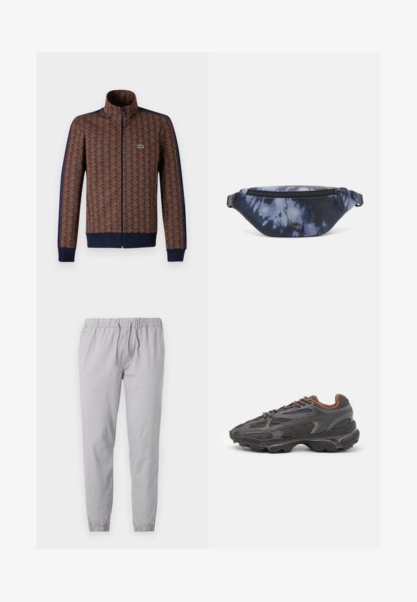 Bruine zip-up jas met een geometrisch patroon, marineblauwe zijkanten, hoge kraag en een klein groen logo op de borst.; Twee zwarte katoenen t-shirts met korte mouwen en ronde hals. Beide hebben een rood merketiket bij de hals. Eenvoudig, klassiek ontwerp.; Lichtgrijze joggerbroeken gemaakt van zacht materiaal, met een elastische tailleband met een trekkoord en taps toelopende boorden met een geplooid afwerking.; Lacoste sneakers in donkergrijs van mesh en synthetisch materiaal, met een gestructureerde zool en bruine accenten op de kraag en branding.; Fanny pack in donkerblauw tie-dye print met een ritssluiting bovenaan, textuur materiaal en een opvallend logo op de voorkant.