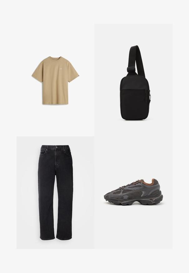 Brun zip-up jakke med et geometrisk mønster, marineblå sidelister, høj krave og et lille grønt logo på brystet.; Beige kortærmet t-shirt lavet af bomuld, med et lille hvidt logo på venstre bryst og rund halsudskæring. Enkel og udekoreret design.; Sorte denim jeans med lige snit, fem lommer og kontrasterende syninger. Har en knaplukning og bæltestropper i taljen.; Lacoste sneakers i mørkegrå med mesh og syntetisk materiale, udstyret med en tekstureret sål og brune accenter på kraven og brandingen.; Sort crossbody taske lavet af slidstærkt stof, med en enkelt justerbar rem, en lynlåset hovedrum og en frontlomme.