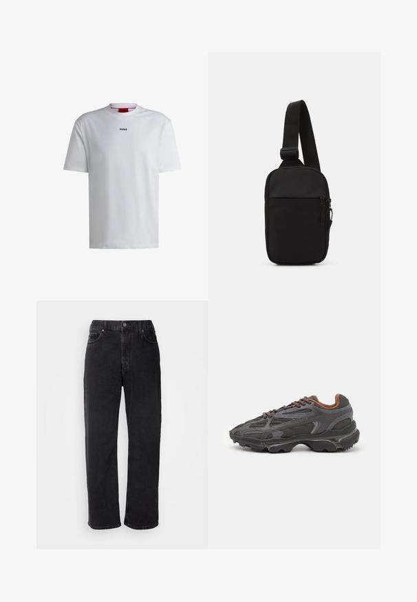 Brązowa kurtka zapinana na zamek, charakteryzująca się geometrycznym wzorem, granatowymi paskami po bokach, wysokim kołnierzem oraz małym zielonym logo na piersi.; Biała bawełniana koszulka z krótkimi rękawami, okrągłym dekoltem i czarnym logo "HUGO" na piersi. Gładka tekstura, luźny fason, bez wzorów.; Czarne dżinsy o prostym kroju, pięć kieszeni i kontrastowe szwy. Posiadają zapięcie na guzik oraz szlufki na pasek w talii.; Sneakers Lacoste w ciemnoszarym kolorze, wykonane z siateczki i materiału syntetycznego, z teksturowaną podeszwą oraz brązowymi akcentami na kołnierzu i logotypie.; Czarna torba na ramię wykonana z wytrzymałego materiału, z jedną regulowaną rączką, zasuwaną główną komorą oraz kieszenią z przodu.