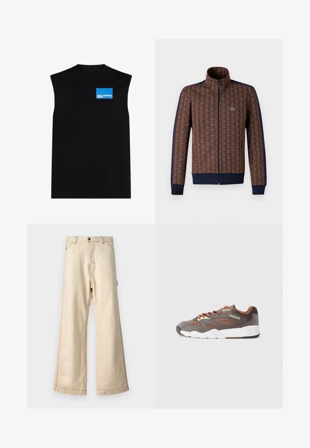 Καφέ ζακέτα με φερμουάρ που διαθέτει γεωμετρικό σχέδιο, ναυτικές μπλε πλευρικές ρίγες, ψηλό γιακά και ένα μικρό πράσινο λογότυπο στο στήθος.; Μαύρο αμάνικο μπλουζάκι από βαμβάκι. Διαθέτει ένα μπλε ορθογώνιο λογότυπο στην αριστερή πλευρά του στήθους με αντίθετο κείμενο. Απλή, χωρίς στολίδια σχεδίαση.; Μπεζ παντελόνι με φαρδιά στρίφωμα, φτιαγμένο από βαμβάκι, με κλείσιμο φερμουάρ και κουμπί, που διαθέτει αντίθετο ράψιμο και πλαϊνές τσέπες.; Λακοστέ αθλητικά παπούτσια σε γκρι χρώμα, με καφέ λεπτομέρειες και υφή από σουέτ. Διαθέτουν τρυπητά πάνελ, καφέ κορδόνια και λευκή καουτσούκ σόλα.
