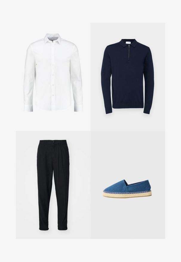 Pullover blu navy con maniche lunghe, colletto ripiegato e pattina con zip a quarto. Realizzato in morbido materiale a maglia con una consistenza liscia.; Camicia bianca a maniche lunghe con bottoni realizzata in cotone morbido. Presenta un collo classico e una chiusura frontale con bottoni, con orlo dritto.; Pantaloni in lino neri dal fit rilassato, con chiusura a bottone, pieghe e orli arrotolati. Texture morbida e design minimale.; Espadrilla in tela blu con punta chiusa, suola in juta e bordatura cucita. Texture del tessuto liscia e design a profilo basso.