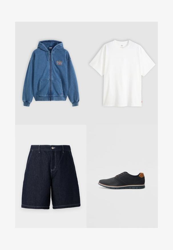 Zila zip-up kapuce, izgatavota no mīkstas denima materiāla, ar divām priekšējām kabatām, kapuci un mazu izšūtu logo detaļu uz krūtīm.; Balta īslaicīga T-krekla ar īsām piedurknēm, kas izgatavots no kokvilnas, ar apaļu kakla izgriezumu. Priekšpusē ir smalks reljefs ar logotipu un sarkans birka apakšmalā.; Tumšas denima šortos ar taisnu piegriezumu. Iespējama pogu aizdare, priekšējie kabatas un kontrastējoša balta izšūšana gar malām.; Melni sintētiskie apavi ar struktūru augšdaļā, gludu akcentu, brūnu papēdi un kontrastējošu zoli. Iezīmē minimālu šņorēšanu un šuvju detaļas.