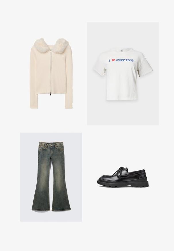 Rebrasta krema cardigan z zadrgo, ki se ponaša z mehkim umetnim krznom na ovratniku. Dolgi rokavi in prilegajoča zasnova izboljšujeta njen prefinjen videz.; BDG Urban Outfitters CRYING BABY - Potiskana majica - white; Razširjene jeans hlače v zbledeli modri barvi s klasičnim petim žepnim dizajnom, ki imajo rahlo teksturo in vidne šive.; Črne usnjene čolnarske čevlje z zaobljenim nosom, zavezovanjem, šivanimi detajli in robustnim gumijastim podplatom z teksturiranim vzorcem.