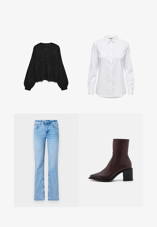 Casaco de malha preto com mangas longas bufantes e fecho frontal com botões. Apresenta seis botões castanhos e bainha canelada. Tecido texturizado.; Camisa branca de botão com mangas longas, colarinho estruturado e bainha arredondada. Feita de um tecido liso, sólido, sem padrões ou detalhes visíveis.; Jeans flare em denim azul claro com cinco bolsos, fecho de botão e passantes para cinto, apresentando áreas desbotadas e uma textura suave.; Zign LEATHER - Botas clássicas de cano curto - bordeaux