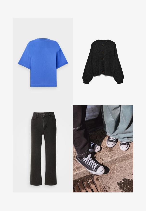 Casaco de malha preto com mangas longas bufantes e fecho frontal com botões. Apresenta seis botões castanhos e bainha canelada. Tecido texturizado.; T-shirt de manga curta, de corte solto, em algodão azul vivo, com um gola redonda e um design simples e sem emendas, com bordas limpas.; Jeans largos pretos feitos de denim, com fecho de botão frontal, passantes para cinto e cinco bolsos, apresentando uma textura ligeiramente desbotada.; Sapatilhas baixas em tela preta com bicos e cordões de borracha brancos, combinadas com calças de ganga largas verdes, sobre uma superfície de pedra texturizada.