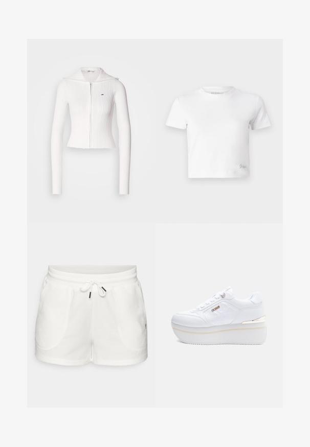Fehér, bordázott, zipzáras pulóver hosszú ujjakkal és hajtott gallérral. A bal mellen egy kis logó található. Rövidített kialakítás.; Fehér, rövid szabású, sima pamut póló, magas nyakkivágással és rövid ujjakkal. Kicsi hímzett logó az alsó sarokban.; Fehér pamut rövidnadrág elasztikus derekkal, fűzős megoldással fémből készült végződésekkel, és két oldalsó zsebbel, puha tapintással.; Fehér platform sneaker, steppelt oldalpanelekkel, fényes "Guess" logóval, fűzős elülső résszel és vastag talppal, finom bézs csíkkal és arany kiegészítőkkel.