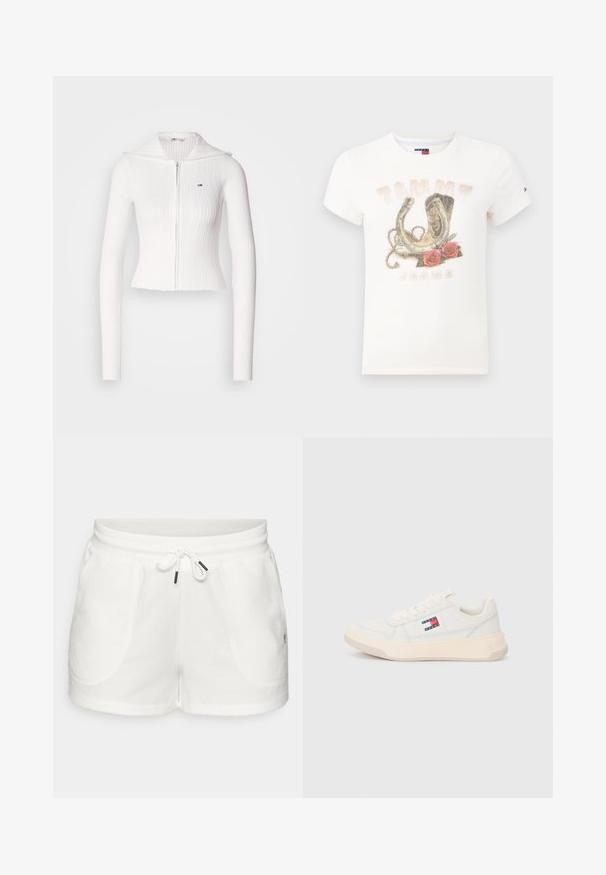 Hvit ribbestrikket genser med glidelås, lange ermer og krage som kan brettes ned. Har en liten logo på venstre bryst. Kortholdig design.; Hvit bomulls t-skjorte med grafikktrykk av en hestesko, cowboystøvle og roser, med teksten "TOMMY JEANS" nederst.; Hvite bomullsshorts med elastisk midjebånd, snor med metallstopper, og to sidelommer med myk tekstur.; Hvite sportssko med en glatt lærfinish, rund tå og strukturert såle. Har en liten merkevarelogo i rødt og blått.