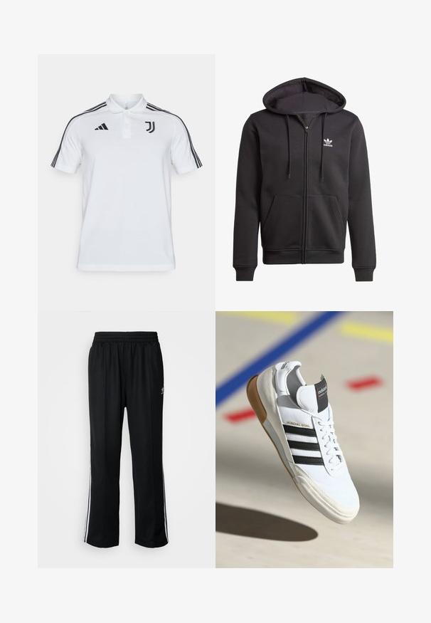 Czarna bluza z kapturem na zamek, wykonana z miękkiego materiału, z kieszenią z przodu, kaptur ze sznurkiem oraz małym białym logo Adidasa na lewej piersi.; Biała koszulka polo z trzema czarnymi paskami na każdym ramieniu, czarnym logo Adidasa i emblematem Juventusu na piersi. Materiał bawełniany.; Czarne sportowe spodnie z elastycznym paskiem w talii, z białymi paskami po bokach i małym logo. Materiał wydaje się miękki i lekki.; Białe sneakersy Adidas Mundial Goal z czarnymi paskami i gumową podeszwą, pokazywane w powietrzu nad podłogą boiska sportowego z kolorowymi liniami.