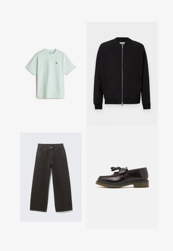 Mustat lentotakkia, jossa on vetoketjusuljenta, ribattuja kaulus ja hihansuut, kaksi etutaskua, valmistettu pehmeästä materiaalista, jossa on selkeä muotoilu.; Vihreä mintunvärinen puuvillapaita, jossa on pyöreä kaula-aukko, lyhyet hihat ja pieni musta Vans-logo vasemmassa rintasuojassa.; Mustat leveälahkeiset farkut, joissa on korkea vyötärö, viisi taskua ja napitus. Kankaan pinta on pehmeä ja teksturoidun tuntuinen.; Ruske nahkate loafere z woveno zasnovo, z detajlom v obliki resic in ravnim gumijastim podplatom. Imajo gladek zaključek in kontrastno šivanje.