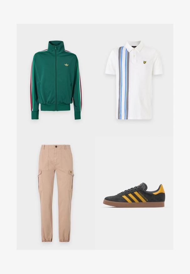 Zelena jakna na patentni zatvarač s visokim ovratnikom, teksturiranim tkanjem, elastičnim manžetama i okomitim prugama u crvenoj, bijeloj i zelenoj boji na rukavima. Zlatni logo na grudima.; Bjela polo majica s dvobojnim dizajnom koja sadrži crne i plave vertikalne pruge. Žuti logotip je vezan na prsima.; Bež cargo hlače s uskim krojem, s dvije bočne džepove i elastičnim manžetama. Mekani pamučni materijal, jednostavan dizajn bez uzoraka.; Crne nubuk tenisice s žutim detaljima, sa tri pruge i smešnim gumenim potplatom. Imaju jastučić na jeziku za udobnost.
