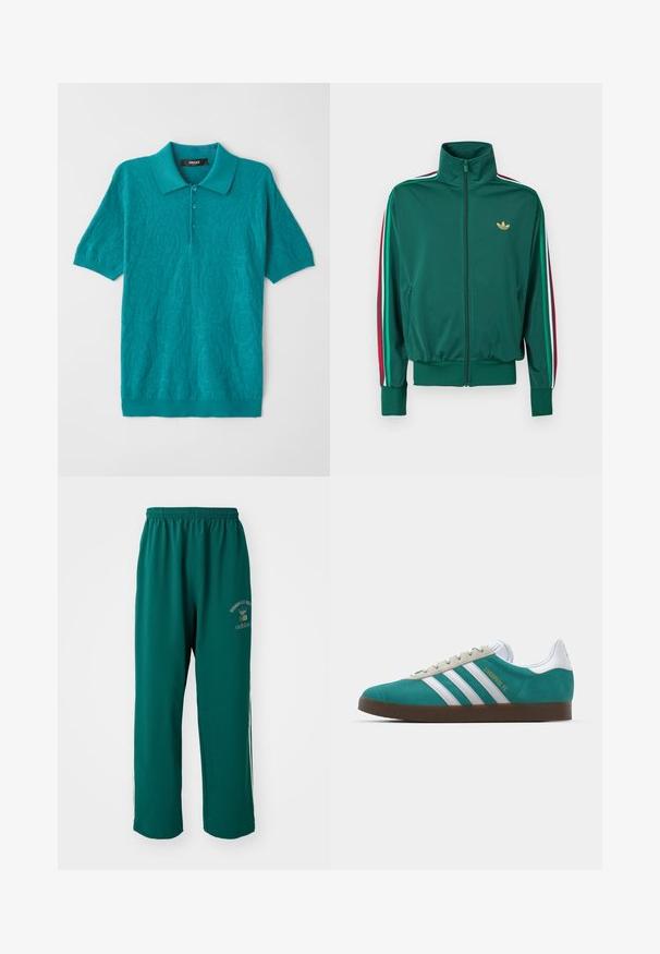 Casaco verde com fecho éclair e gola alta, tecido texturizado, punhos elásticos e riscas verticais em vermelho, branco e verde nas mangas. Logótipo dourado no peito.; Camisa polo turquesa com um padrão floral texturizado, mangas curtas e colarinho. Apresenta um fecho de três botões e punhos e bainha canelados.; Calças de desporto verdes feitas de tecido suave, com cintura elástica, impressão de logotipo de um lado e riscas brancas nas laterais. Corte regular.; adidas Originals ADIDAS GAZELLE SHOES - Botas de futebol de salão - liverpool fc/sea green/footwear white