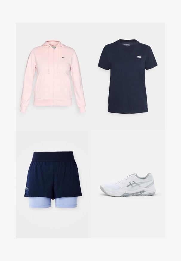 Šviesiai rožinė zip-up džemperis, pagamintas iš minkštos medžiagos, turi gobtuvą, raištelius, dvi priekinės kišenes ir mažą žalią logotipą kairėje krūtinės pusėje.; Tamsiai mėlynas medvilninis marškinėliai su apvaliu kaklu ir trumpomis rankovėmis. Yra mažas baltas Lacoste logotipas ant kairės krūtinės. Minkšta tekstūra.; Jūros pajūrio sijonas su klostėmis, po juo šviesiai mėlynos aptemptos šortai ir platus gumbas.; Baltasis sportinis batelis su tinklo ir sintetinėmis medžiagomis, turi pilkas akcentus ir raištelius, tekstūruotą padas, išlenktą dizainą ir logotipo detalę.
