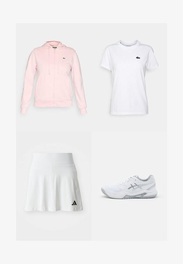 Lichtroze ritsjack van zacht materiaal, met een capuchon, koordjes, twee voorzakken en een klein groen logo op de linkerborst.; Witte katoenen T-shirt met een ronde hals, korte mouwen en een klein marineblauw logo op de linkerkant van de borst. Gladde textuur, casual ontwerp.; Witte sportrok met een zachte textuur, een uitlopende vorm en een zwart Adidas-logo op de linkeronderzijde. Gladde, elastische tailleband.; Witte sportschoen van mesh en synthetische materialen, met grijze accenten en veters, een gestructureerde zool, een gebogen ontwerp en logo-detail.