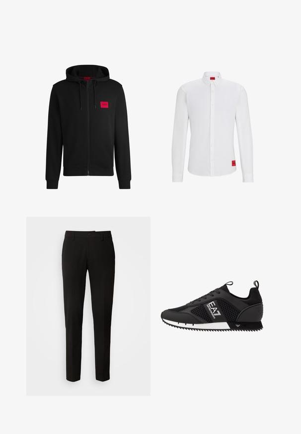 Sudadera negra con cremallera hecha de un tejido suave, con un parche rectangular rojo en el lado izquierdo del pecho y capucha con cordón.; Camisa blanca de manga larga con cuello abotonado, que presenta una etiqueta de marca roja en el costado y una textura suave y uniforme.; Pantalones negros con un diseño de pierna recta, con cierre de botón, trabillas para cinturón y una textura de tela suave. Sin patrones ni acentos visibles.; EA7 Emporio Armani LACES UNISEX - Zapatillas - black/white