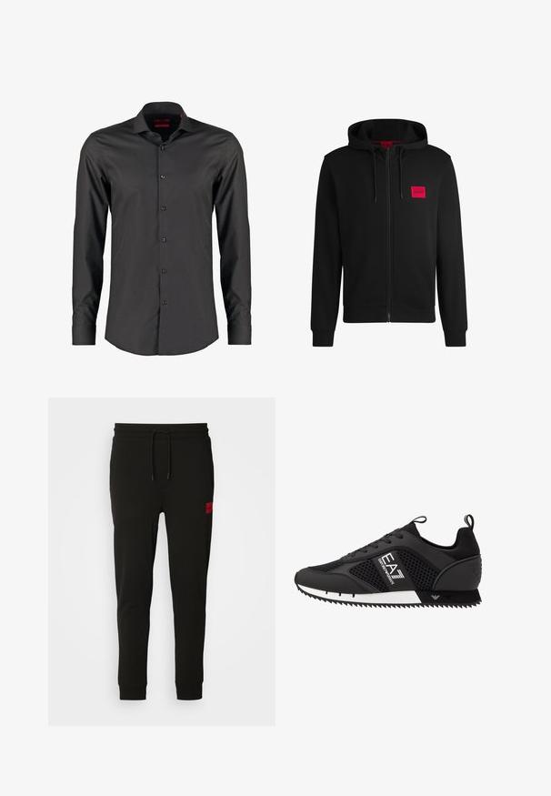 Svart hettejakke med glidelås laget av myk stoff, med et rødt rektangulært logo merke på venstre bryst og snorhette.; Svart langermet skjorte med slim fit, laget av glatt stoff. Har spiss krage og seks knapper foran.; Sorte joggebukser laget av myk stoff, med snor i midjen, slim fit, og en rød logo-pute på venstre lår.; EA7 Emporio Armani LACES UNISEX - Joggesko - black/white