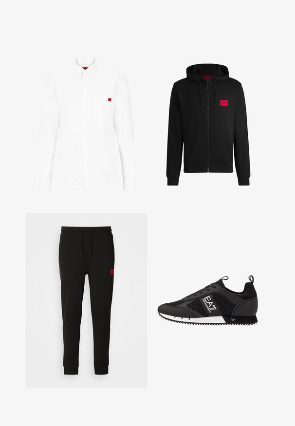 Schwarze Zip-Hoodie aus weichem Stoff, mit einem roten rechteckigen Logo-Patch auf der linken Brust und Kapuze mit Kordelzug.; Langärmliges weißes Hemd aus Baumwolle, mit einem Button-Down-Kragen, einer Brusttasche und einem kleinen roten Logo-Patch auf der Brust.; Schwarze Sweatpants aus weichem Stoff, mit einem Kordelzugbund, schmaler Passform und einem rotenLOGO-Patch am linken Oberschenkel.; EA7 Emporio Armani Sneaker low - black/white