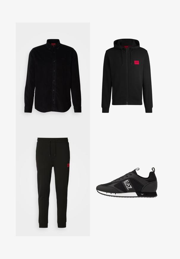Felpa nera con zip realizzata in tessuto morbido, con un logo rettangolare rosso sul lato sinistro del petto e cappuccio con cordino.; Camicia in corda nera con maniche lunghe, colletto button-down e un logo ricamato discreto sul petto. Vestibilità classica con una superficie testurizzata.; Pantaloni felpati neri realizzati in tessuto morbido, con vita regolabile tramite cordoncino, vestibilità slim e una patch rossa con logo sulla coscia sinistra.; EA7 Emporio Armani Sneakers basse - black/white