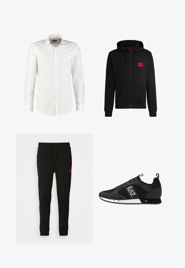 Schwarze Zip-Hoodie aus weichem Stoff, mit einem roten rechteckigen Logo-Patch auf der linken Brust und Kapuze mit Kordelzug.; Weißes Langarmhemd mit Knopfleiste aus glattem Baumwollstoff. Verfügt über einen klassischen Kragen, eine saubere Vorderseite und geknöpfte Manschetten.; Schwarze Sweatpants aus weichem Stoff, mit einem Kordelzugbund, schmaler Passform und einem rotenLOGO-Patch am linken Oberschenkel.; EA7 Emporio Armani Sneaker low - black/white