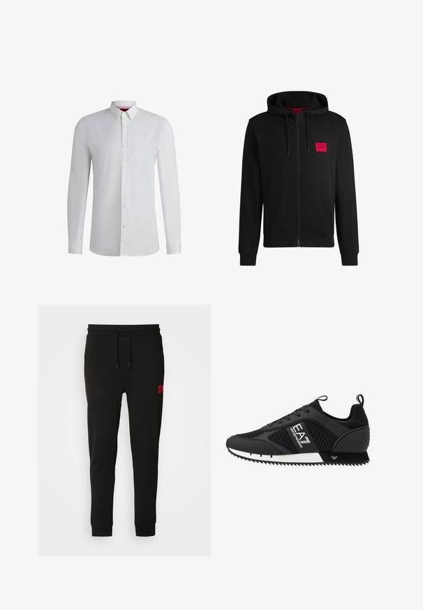 Melnā pieguļošā jaka ar rāvējslēdzēju, izgatavota no mīksta auduma, ar sarkanu taisnstūra formas logo uz kreisā krūtīm un regulējamu kapuci.; Balts garo piedurkņu krekls ar pogu apkakli, ar gludu tekstūru, taisnu griezumu un smalku detaļu gar priekšējo pogu slodzi.; Melni sporta bikses, kas izgatavotas no mīksta auduma, ar regulējamu jostasvietu, šauru piegriezumu un sarkanu logo uz kreisā augšstilba.; EA7 Emporio Armani LACES UNISEX - Treniņu apavi - black/white
