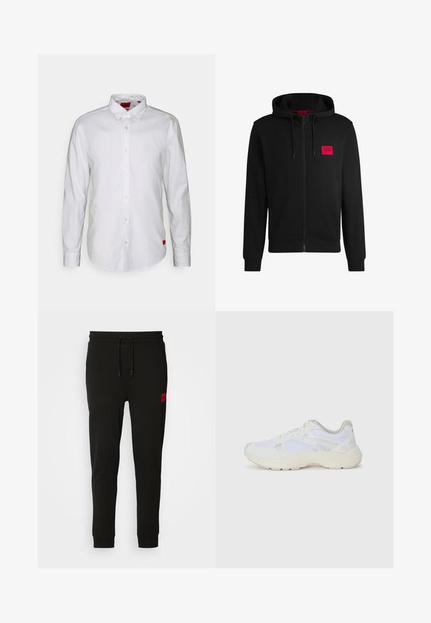 Zwarte zip-up hoodie van zacht materiaal, met een rood rechthoekig logo patch op de linkerborst en een verstelbare capuchon.; Witte long-sleeve shirt met een button-down kraag, gemaakt van lichtgewicht stof. Heeft een subtiele merketiket in het rood aan de onderzijde.; Zwarte sweatpants van zacht stof, met een koord in de taille, een slim fit en een rood logopatch op de linker dij.; Witte sportief schoenen van mesh en suede, met een gestructureerde tussenzool, gestructureerde accenten en het "HUGO" logo aan de zijkant.