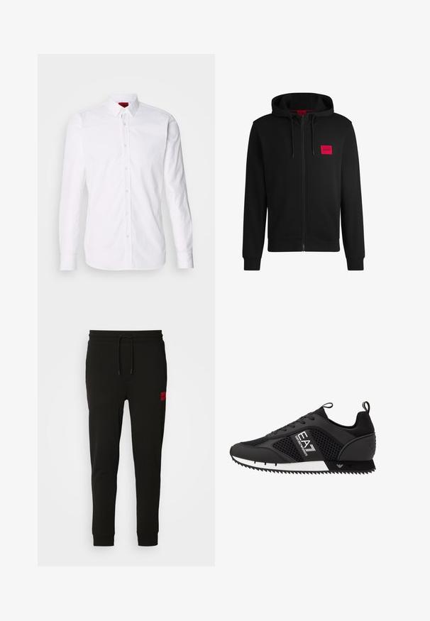 Sort zip-hoodie lavet af blødt stof, med et rødt rektangulært logo patch på venstre bryst og hætte med snore.; Hvid skjorte med lange ærmer, knap-front og klassisk krave, fremstillet i en blød bomulds kvalitet.; Sorte sweatpants lavet af blødt stof, med elastik i taljen, slim fit og et rødt logo-patch på venstre lår.; EA7 Emporio Armani Sneakers - black/white