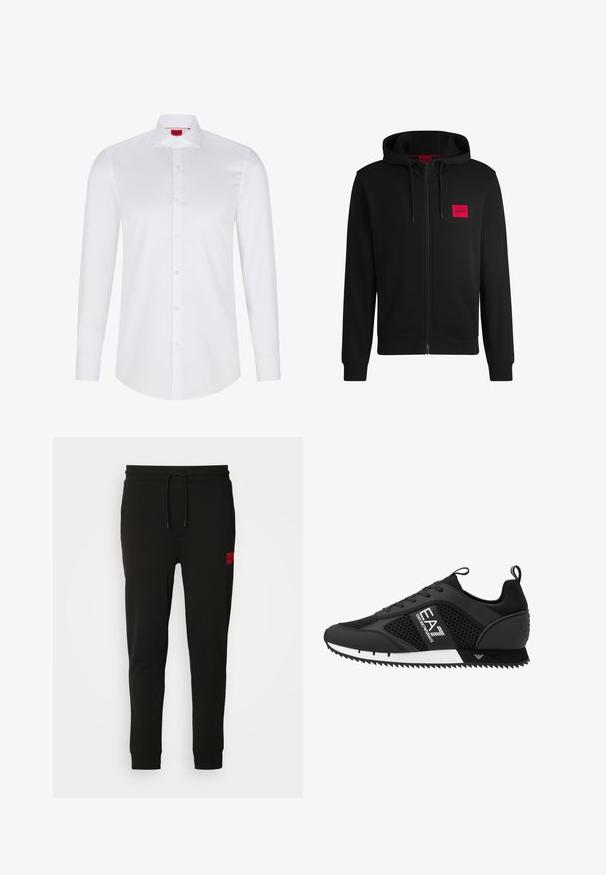 Felpa nera con zip realizzata in tessuto morbido, con un logo rettangolare rosso sul lato sinistro del petto e cappuccio con cordino.; Camicia bianca a maniche lunghe con bottoni, realizzata in cotone liscio. Presenta un colletto classico, una chiusura con bottoni completa e un orlo arrotondato.; Pantaloni felpati neri realizzati in tessuto morbido, con vita regolabile tramite cordoncino, vestibilità slim e una patch rossa con logo sulla coscia sinistra.; EA7 Emporio Armani LACES UNISEX - Sneakers basse - black/white