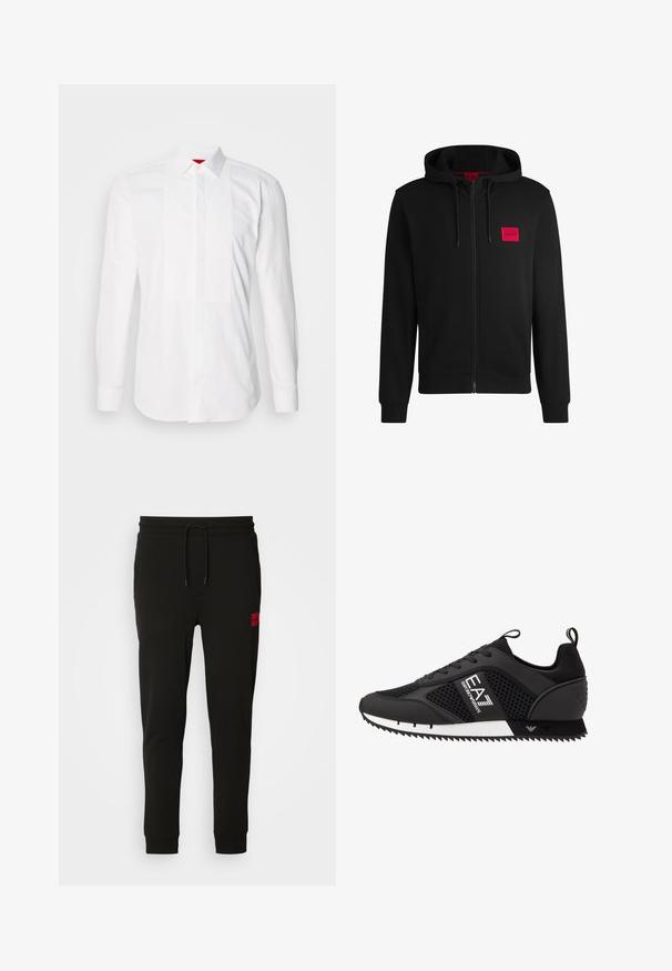 Moleton preto com fecho, feito de um tecido suave, apresentando um patch de logo retangular vermelho no lado esquerdo do peito e capuz com cordão.; Camisa branca de manga longa em algodão, com uma pala frente com pregas verticais. Gola clássica e punhos com botões. Textura suave.; Calças de treino pretas feitas de um tecido macio, com cintura elástica ajustável, ajuste slim e um emblema vermelho na coxa esquerda.; EA7 Emporio Armani Sapatilhas - black/white