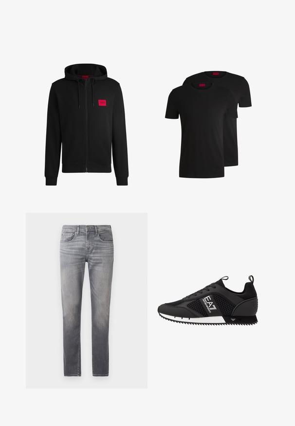 Black zip-up hoodie made of soft fabric, featuring a red rectangular logo patch on the left chest and drawstring hood.; Two black cotton t-shirts with short sleeves and crew necks. Both feature a red brand label at the neckline. Simple, classic design.; Grey denim jeans with a straight-leg fit, featuring a faded design, five pockets, and a standard waistband with a button closure.; EA7 Emporio Armani LACES UNISEX - Trainers - black/white