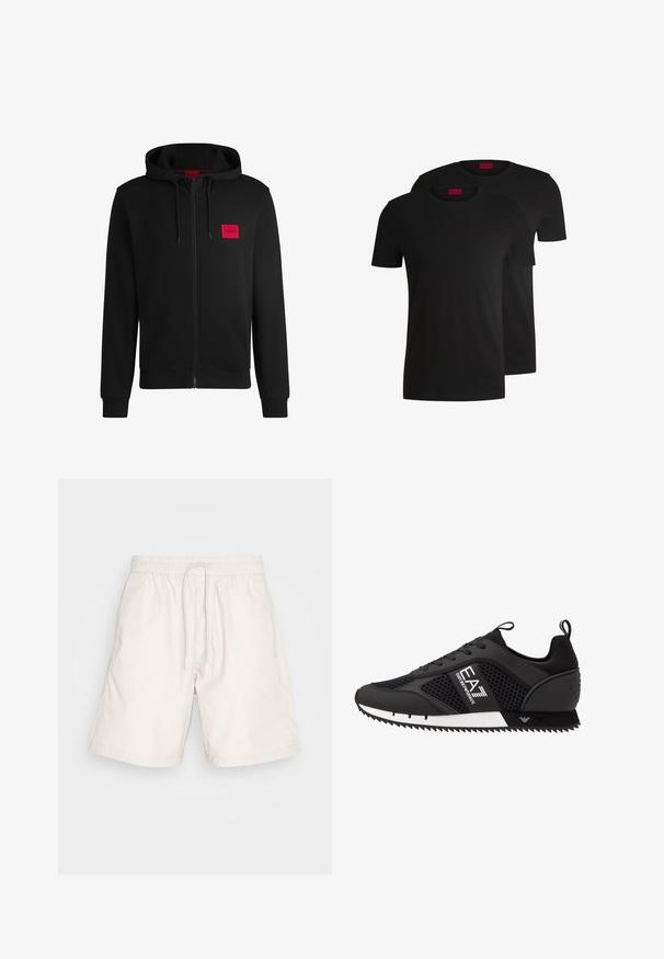 Svart zip-up huvtröja gjord av mjukt tyg, med en röd rektangulär logotyp på vänster bröst och dragsko i huvan.; Två svarta bomull t-shirts med korta ärmar och rund halsringning. Båda har en röd varumärkesetikett vid halsen. Enkelt, klassiskt design.; Ljusbeige shorts tillverkade av ett mjukt, lätt material. Har en elastisk midja med dragsko och sidofickor.; EA7 Emporio Armani Sneakers - black/white
