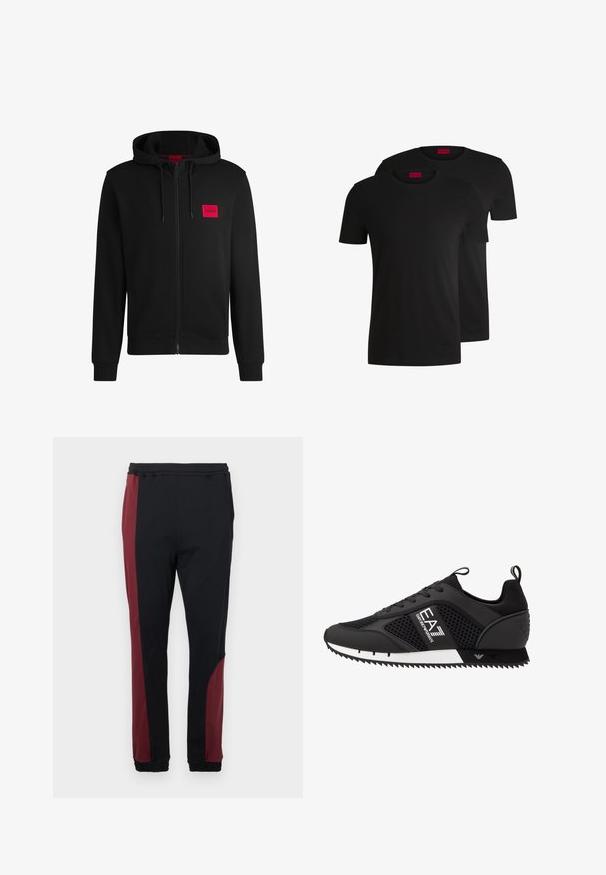 Čierna mikina na zips vyrobená z mäkkej látky, s červeným obdĺžnikovým logom na ľavej hrudi a sťahovacou kapucňou.; Dvé čierne bavlnené tričká s krátkymi rukávmi a okrúhlym výstrihom. Obe majú červenú značkovú nálepku na výstrihu. Jednoduchý, klasický dizajn.; Čierne tepláky s bordovou bočnou panelou, elastickým pásom a manžetami. Vyrobené z hladkého, elastického materiálu pre pohodlie.; EA7 Emporio Armani LACES UNISEX - Tenisky - black/white