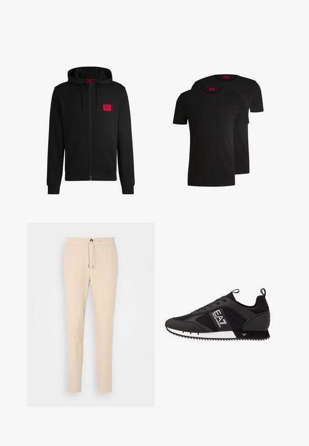 Zwarte zip-up hoodie van zacht materiaal, met een rood rechthoekig logo patch op de linkerborst en een verstelbare capuchon.; Twee zwarte katoenen t-shirts met korte mouwen en ronde hals. Beide hebben een rood merketiket bij de hals. Eenvoudig, klassiek ontwerp.; Beige tapschoenen gemaakt van zachte stof, met een elastische tailleband met trekkoord en een enkele voorzak. Soepele textuur en subtiel ontwerp.; EA7 Emporio Armani LACES UNISEX - Sneakers laag - black/white
