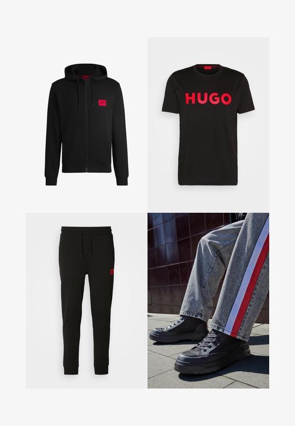 Hanorac negru cu fermoar, fabricat dintr-un material moale, cu un patch rectangular roșu pe pieptul stâng și glugă cu șnur.; Tricou din bumbac negru, cu text „HUGO” îndrăzneț roșu pe față, mâneci scurte, decolteu rotund și o croială lejeră.; Pantaloni de trening negri, confecționați dintr-un material moale, cu talie ajustabilă prin șnur, croi slim și un logo roșu pe coapsa stângă.; Tenisi negri cu guler înalt, prevăzuți cu panouri din plasă și talpă din cauciuc groasă, asortați cu blugi gri cu dungi laterale roșii și albe.