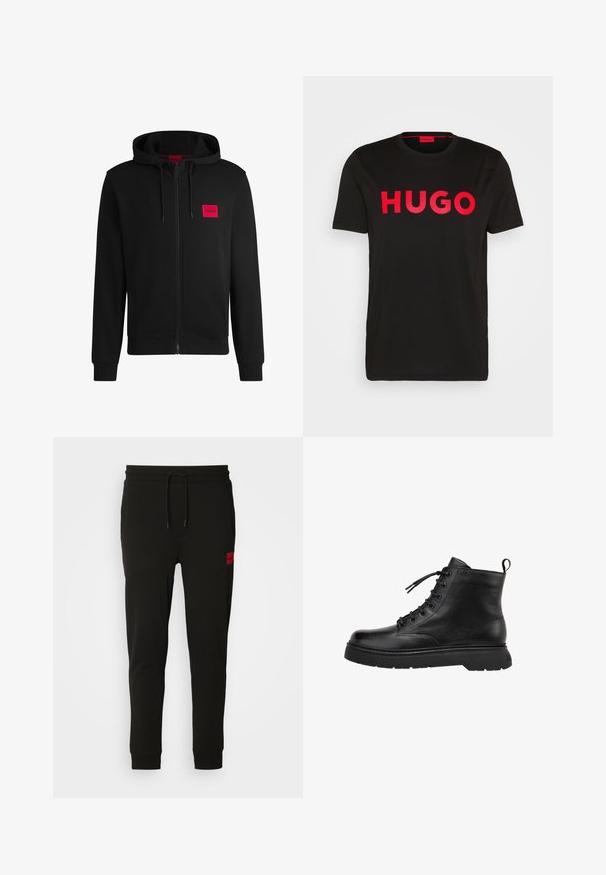 Hanorac negru cu fermoar, fabricat dintr-un material moale, cu un patch rectangular roșu pe pieptul stâng și glugă cu șnur.; Tricou din bumbac negru, cu text „HUGO” îndrăzneț roșu pe față, mâneci scurte, decolteu rotund și o croială lejeră.; Pantaloni de trening negri, confecționați dintr-un material moale, cu talie ajustabilă prin șnur, croi slim și un logo roșu pe coapsa stângă.; Botină din piele neagră, cu un finisaj neted, vârf rotund și șireturi în față. Prezintă o talpă groasă din cauciuc și un șnur de tragere în spate.