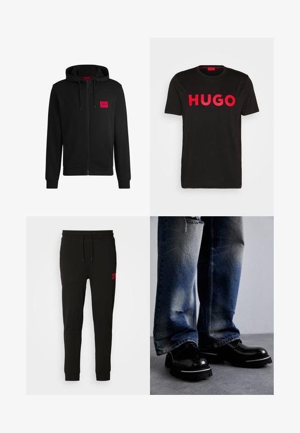 Felpa nera con zip realizzata in tessuto morbido, con un logo rettangolare rosso sul lato sinistro del petto e cappuccio con cordino.; T-shirt nera in cotone con il testo "HUGO" rosso audace sul davanti, maniche corte, scollo rotondo e vestibilità rilassata.; Pantaloni felpati neri realizzati in tessuto morbido, con vita regolabile tramite cordoncino, vestibilità slim e una patch rossa con logo sulla coscia sinistra.; Scarpe in pelle nera con finitura lucida, dotate di una suola spessa e una striscia bianca. Indossate con pantaloni in denim blu usurati che mostrano leggeri segni di sbiadimento.